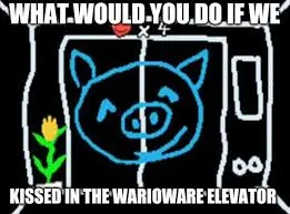 Chancho bueno y tembloroso. Descripción: Screenshot del elevador que aparece en Wario Ware, donde hay una imagen de un cerdito con un efecto similar al de la aplicación. Caption: What would you do if we kissed in the warioware elevator